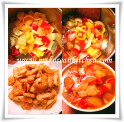 making sauce and frying chicken