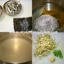 Ingredients for bean sprout soup and boiling