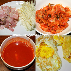 Stir fried Kimchi and Rice (Kimchi Bokkumbap in Korean) ingredients