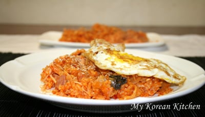 Stir fried Kimchi and Rice (Kimchi Bokkumbap in Korean) on the magazine