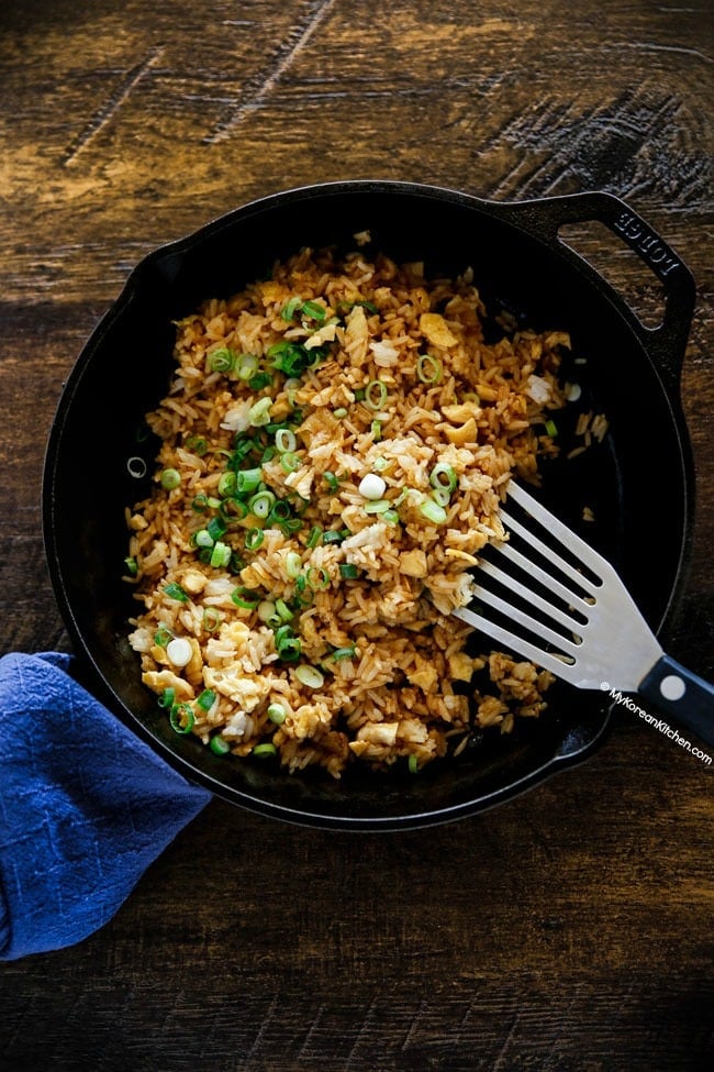 Egg fried rice in a skillet