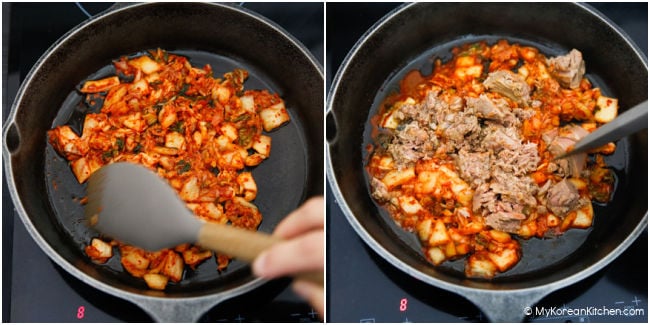 Stir-frying kimchi and canned tuna in a skillet.