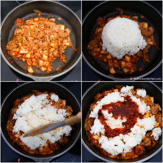 A collage of kimchi, tuna, and rice being mixed with the sauce.