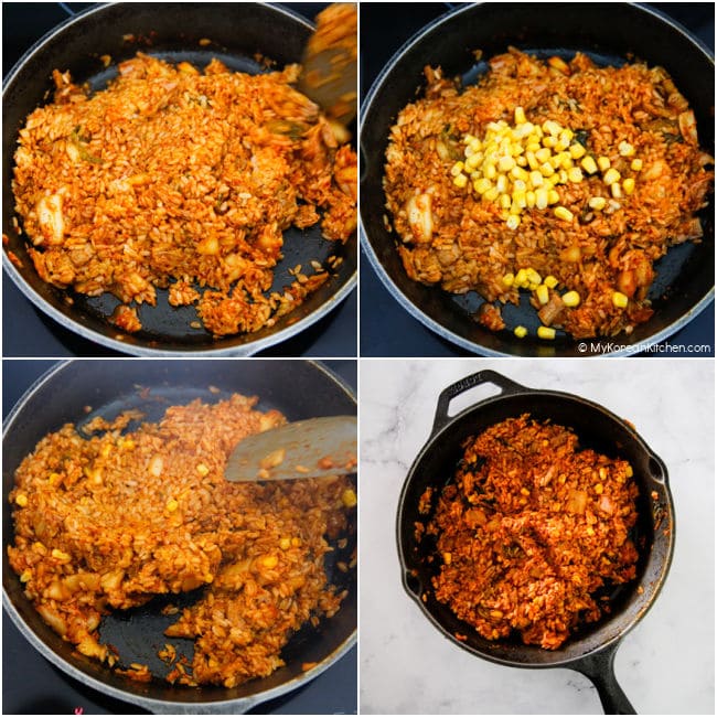 A collage of kimchi fried rice being stir-fried.