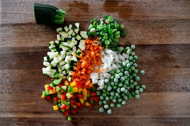 Chopped vegetables on cutting board