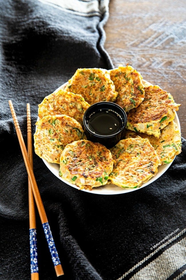 Tuna pancakes served with soy dipping sauce