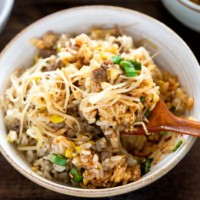 soybean sprout rice scooped on spoon