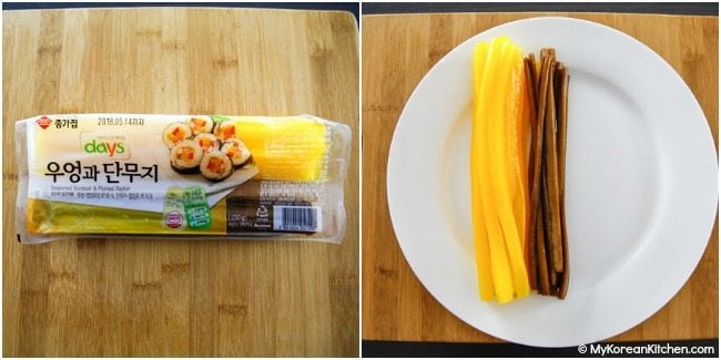 Kimbap ingredient photo - Yellow radish pickles and seasoned burdocks