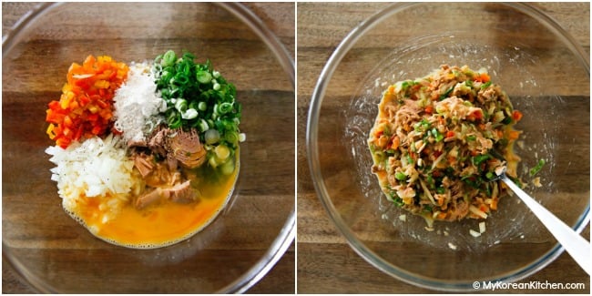 Collage image of tuna pancake mixture in a bowl