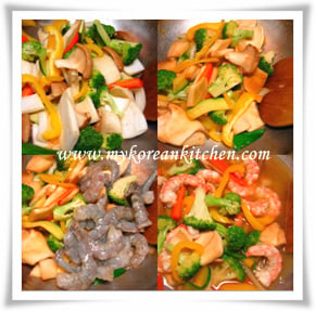 king oyster mushrooms and prawn on rice cooking process