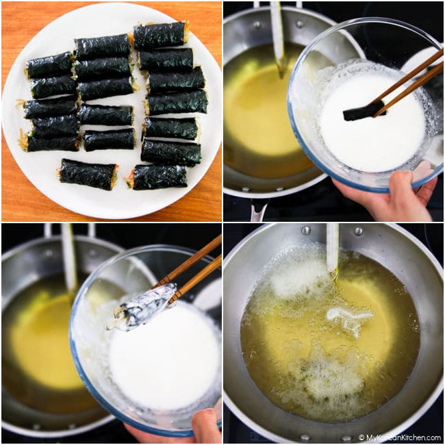 A collage image of frying gimmari - coating gimmari in a batter and deep frying it in oil.