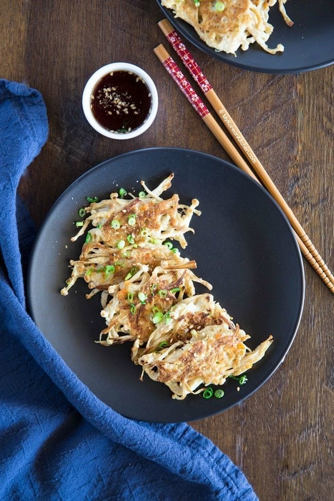 Korean style mushroom fritters with enoki mushrooms | MyKoreanKitchen.com