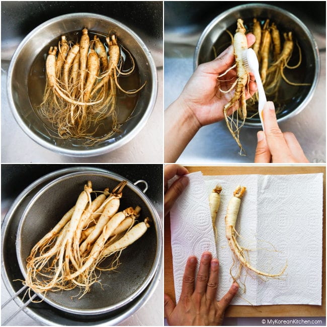 Collage images of washing and drying ginseng.