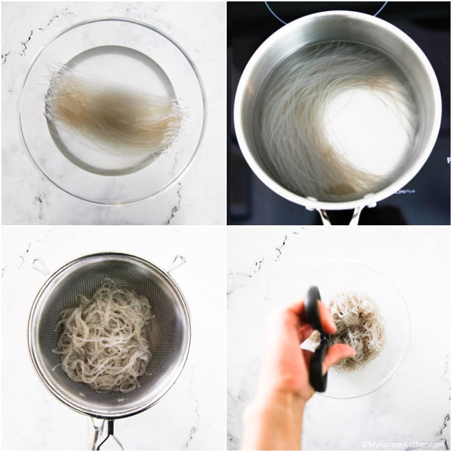 A collage image of glass noodles - soaking in a bowl of water, boiling in a pot, draining over a sieve, and cutting with a pair of scissors.