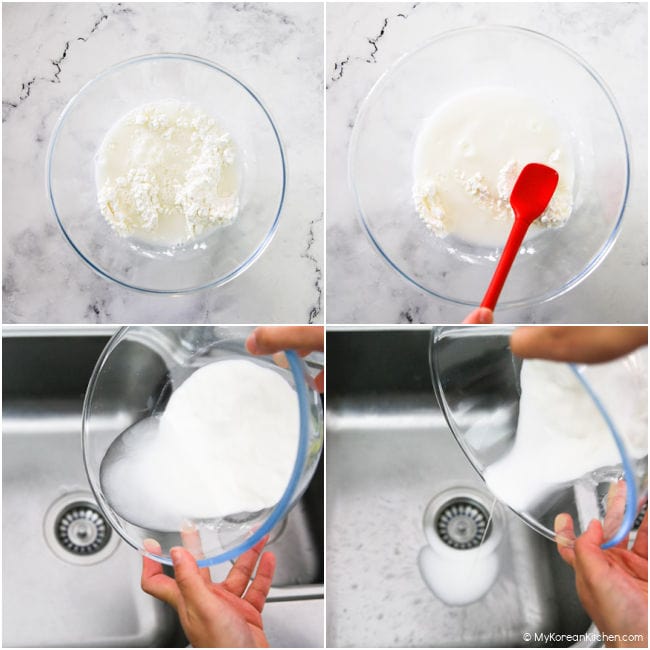 A collage image of making gimmari batter - soaking starch in a bowl of water and draining water.