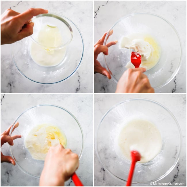 A collage image of making gimmari batter - mixing egg whites and cooking oil.