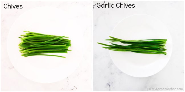 A collage of chives and garlic chives on a white plate.
