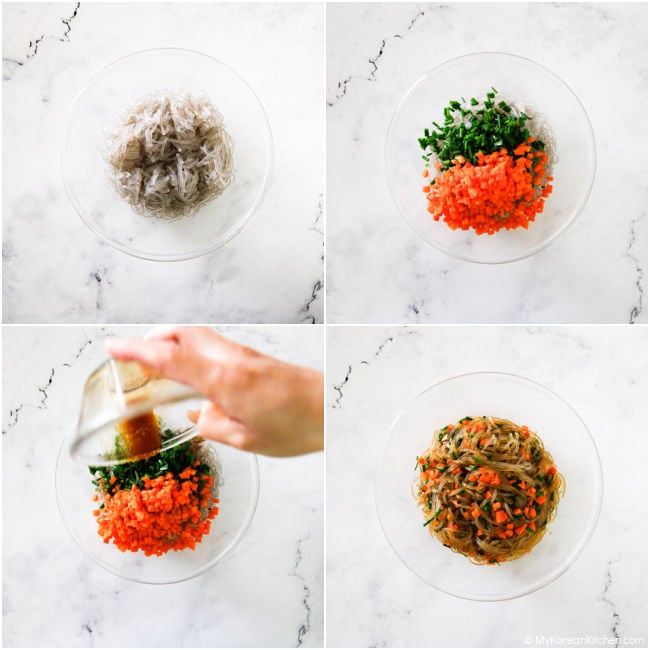 A collage image of making gimmari japchae - mixing cut-up glass noodles with the sauce and cut-up vegetables.