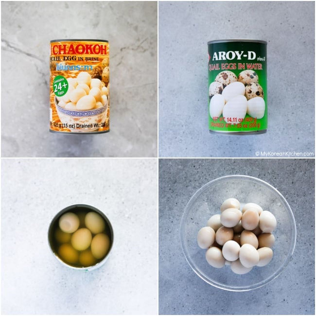 Quail eggs in a tin, and drained quail eggs in a clear bowl.