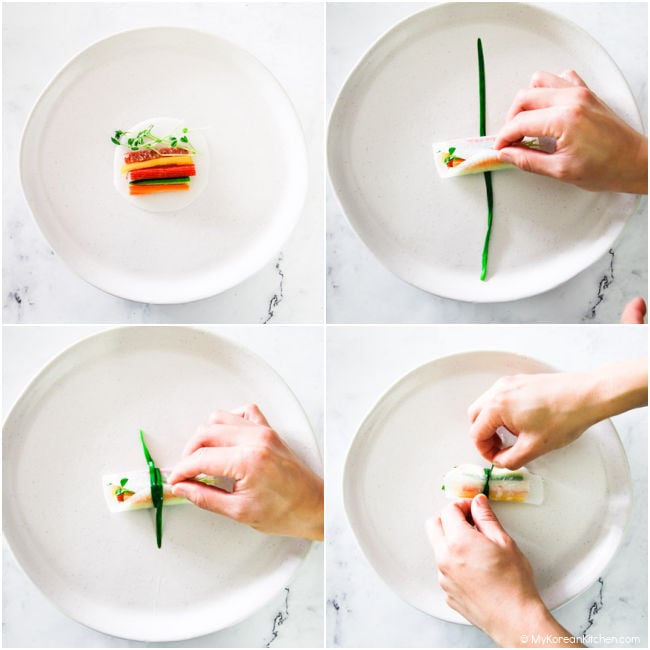 Step-by-step pictures of tying a pickled radish wrap with green, edible string.