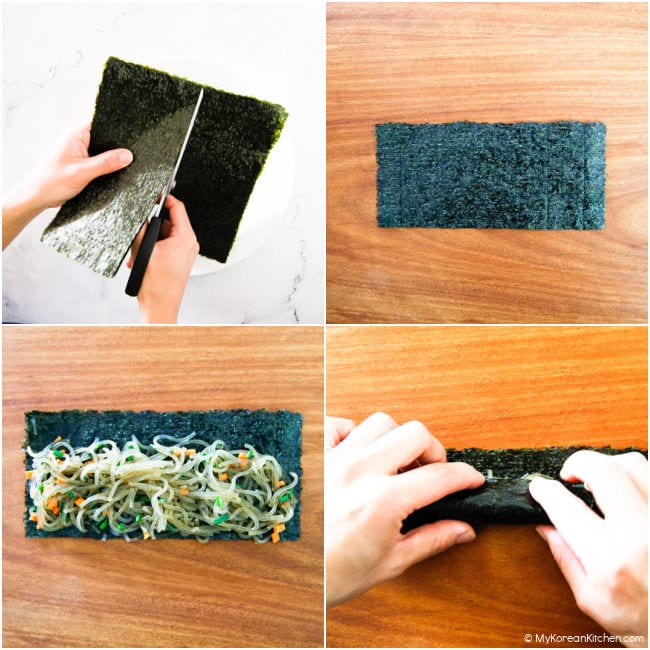 A collage image of making gimmari - Cutting the dried seaweed sheet, placing the gimmari noodles, and rolling it up.