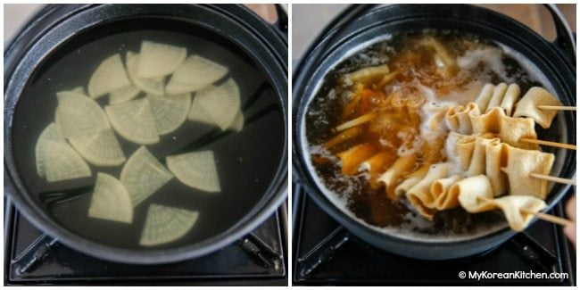 Korean fish cake soup - boiling the soup