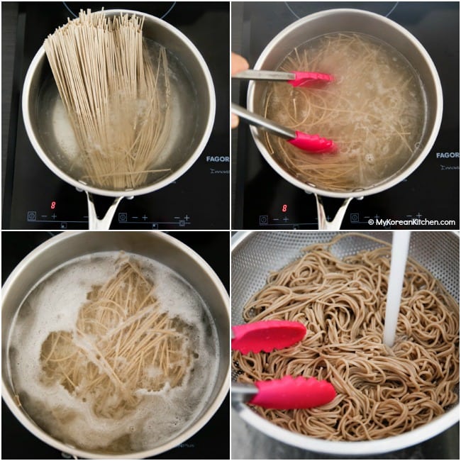Collage image of boiling soba noodles and draining and rinsing with cold water.