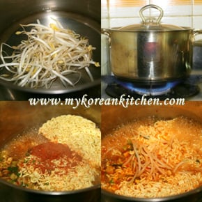 Spicy Noodles with Green Bean Sprouts cooking