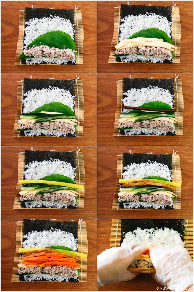 Collage photo of making kimbap.