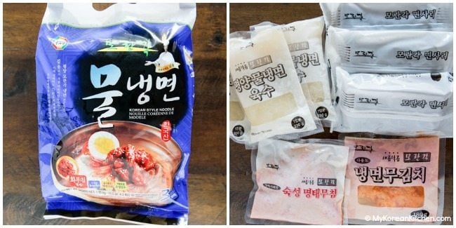 Instant mul naengmyun packet consists of buckwheat noodles, instant broth, and radish pickles. | MyKoreanKitchen.com