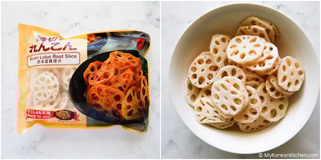 a bag of frozen lotus root on the left and a pile of lotus root in a medium shallow bowl
