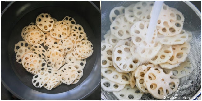 blanching lotus root in boiling water in a wok