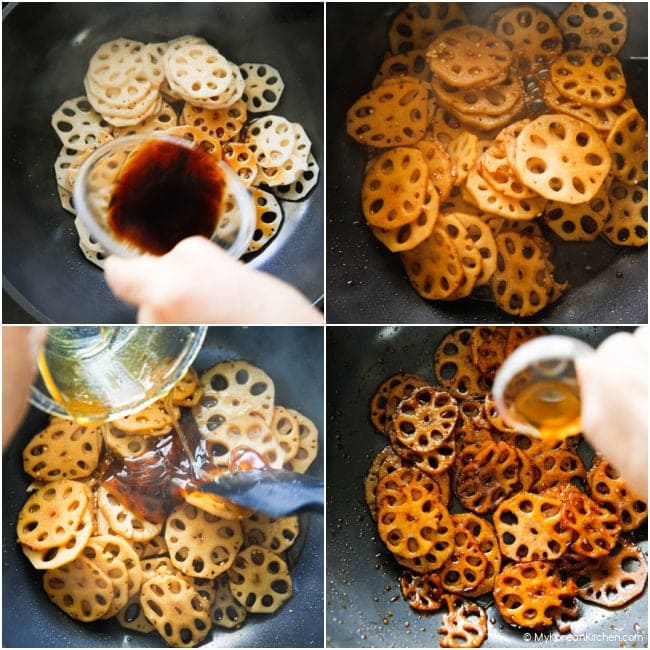 tep-by-step seasoning process for braised lotus root in a pan