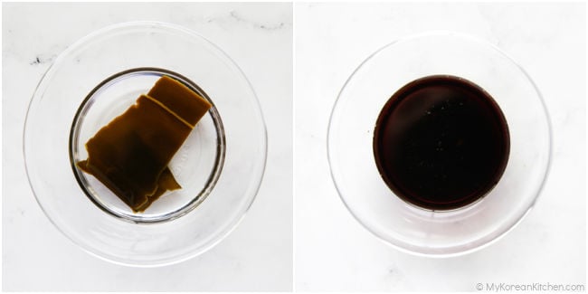Collage showing dried kelp soaking in a small bowl (left) and prepared seasoning sauce in a bowl (right)