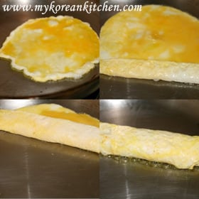 Tuna Rolls (Chamchi Kimbap in Korean) rolling the eggs