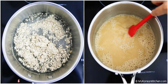 Mixing acorn flour in a pot of water