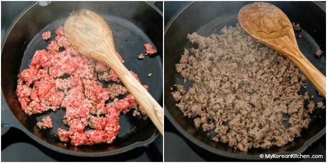 stir frying beef mince in a skillet