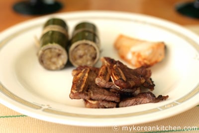 Korean buffet - LA galbi, Nutritious glutinous rice in bamboo, and Salmon