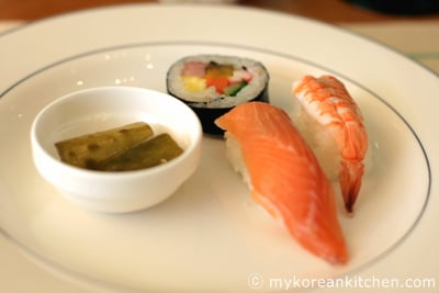 Korean buffet - Kimbap, Cucumber pickles and Sushi
