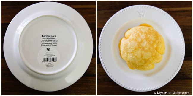 Collage image - (left) a white plate facing upside down (right) omurice served on a white plate