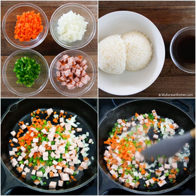 Step by step collage picture for stir frying vegetables