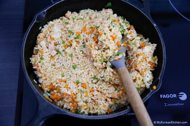 Fried rice for omurice in a skillet