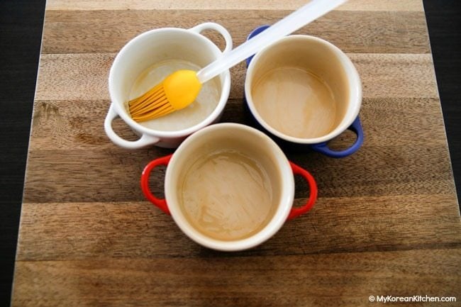 Getting the bowls ready for Korean steamed egg