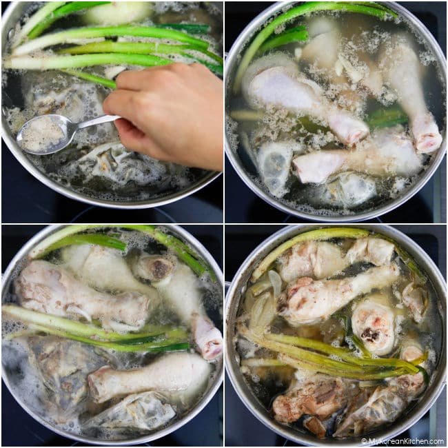 Collage image showing chicken stock boiling in a stock pot, with green onions and chicken drumsticks visible on the surface.