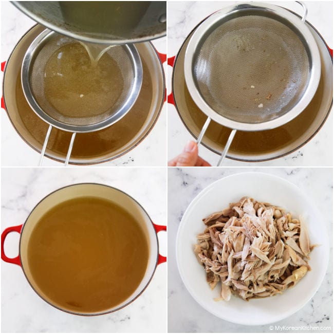 Collage image showing chicken soup being strained over a red pot, with shredded chicken on the side in a white bowl.