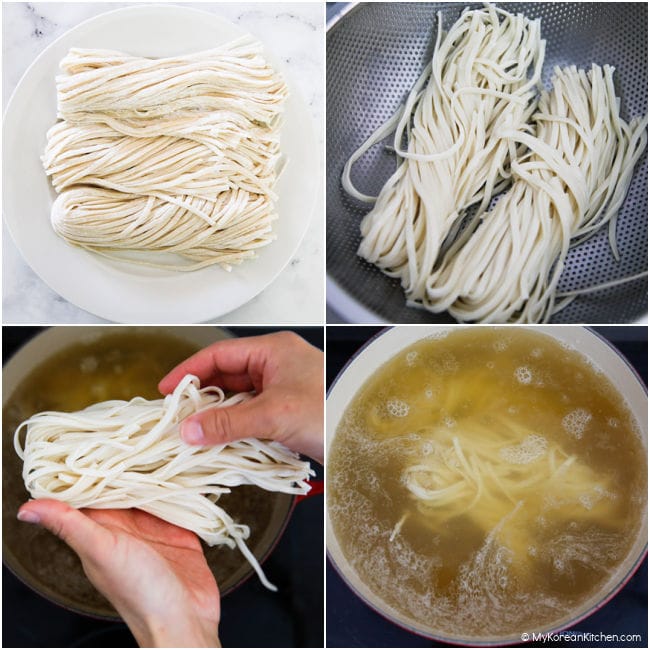 Collage image showing kalguksu noodles first on a white plate, then being rinsed in water, and finally placed into a boiling pot.