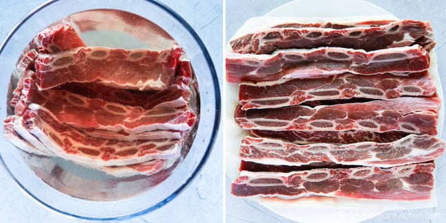Soaking LA galbi short ribs in cold water to remove excess blood before marinating