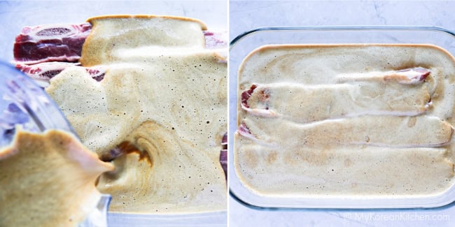 Marinating Korean short ribs for LA galbi in a large glass dish