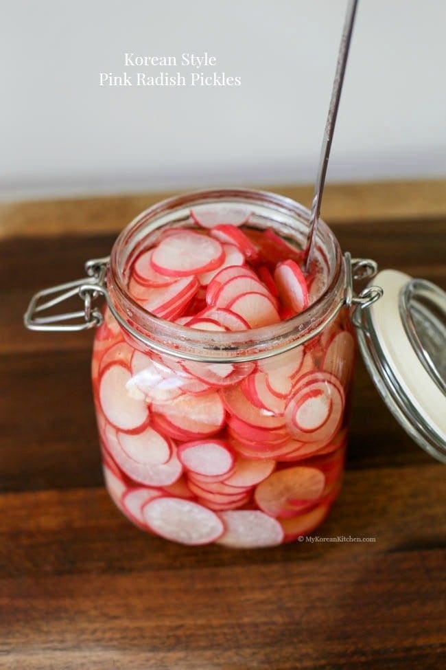 How to make Korean style radish pickles using pink radish. It's simple, easy and moreish! It will accompany well with Korean fried chicken and Korean BBQ! | MyKoreanKitchen.com