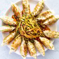 Pan-fried dumplings arranged around a seasoned salad on a large plate.